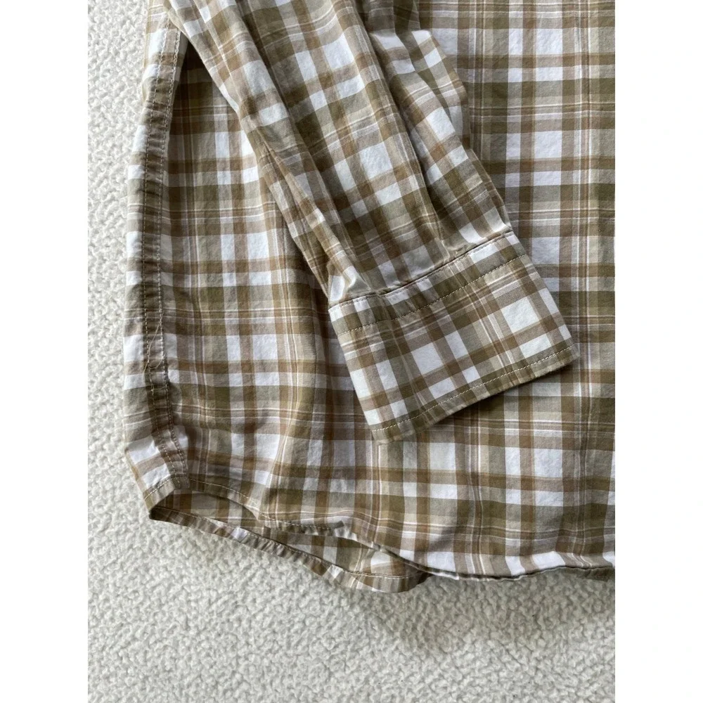 Banana Republic Mens Large Button Down Shirt Tan Plaid Untucked Fit Long Sleeve